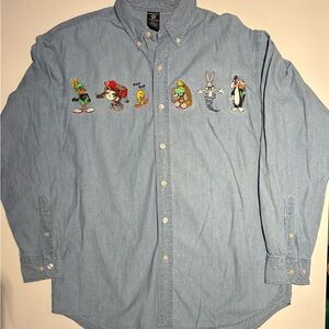 Vintage Warner Bros. Light Blue Denim Shirt with Cartoon Embroidery